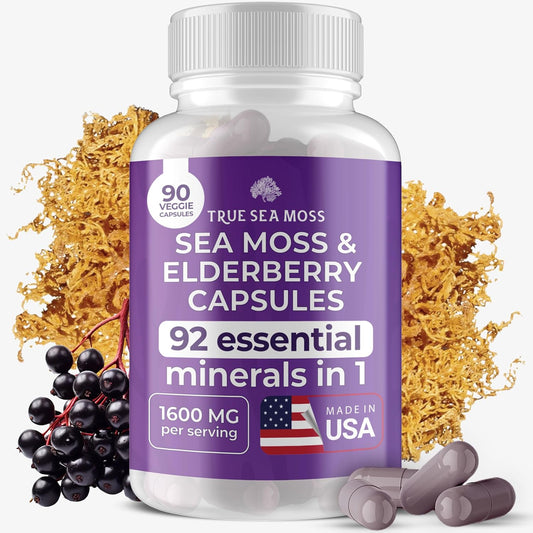 Organic Irish Sea Moss and Elderberry Capsules - Immune & Digestive System Support - Prebiotic Superfood (1600mg) - Healthy Skin, Keto Detox - 90 Capsules