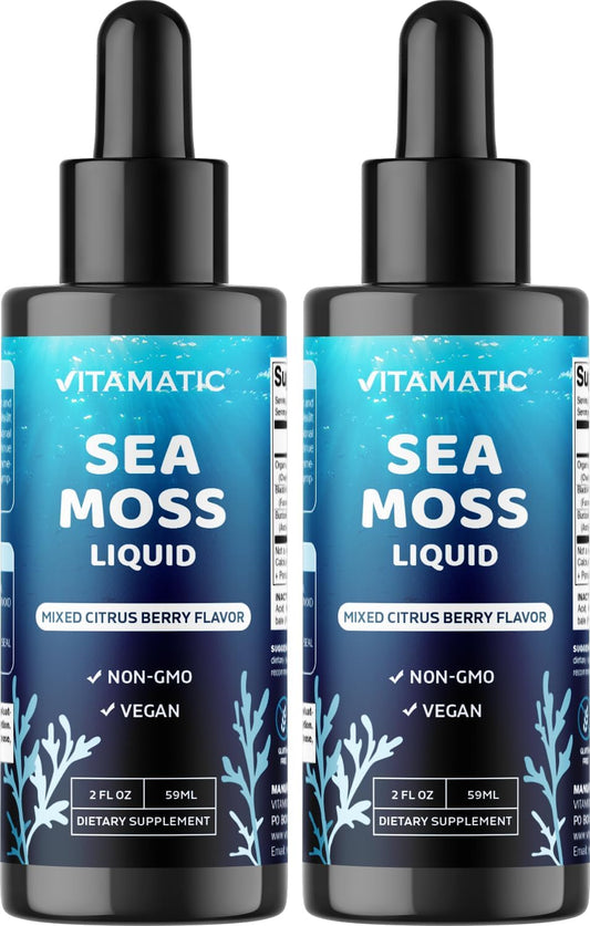Organic Irish Sea Moss, Bladderwrack & Burdock Root Liquid Supplement - 2 Pack, 2800mg Per Serving - 4oz Total - Seamoss Concentrate
