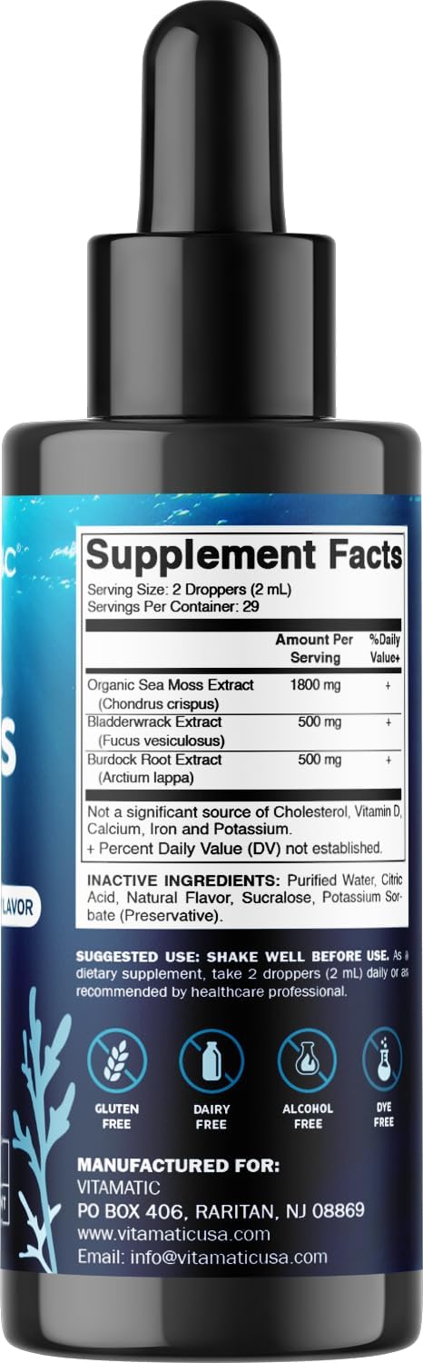 Organic Irish Sea Moss, Bladderwrack & Burdock Root Liquid Supplement - 2 Pack, 2800mg Per Serving - 4oz Total - Seamoss Concentrate