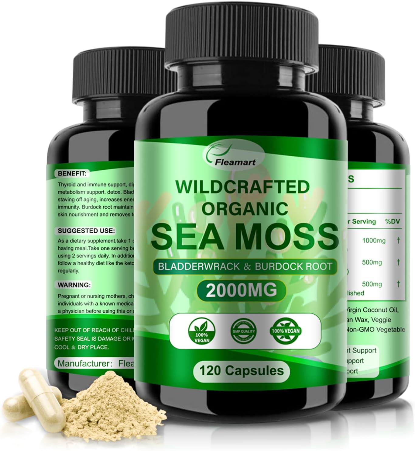 Organic Irish Sea Moss Capsules 2 Pack - 120ct Superfood Blend with Bladderwrack, Burdock Root for Immune & Digestive Health