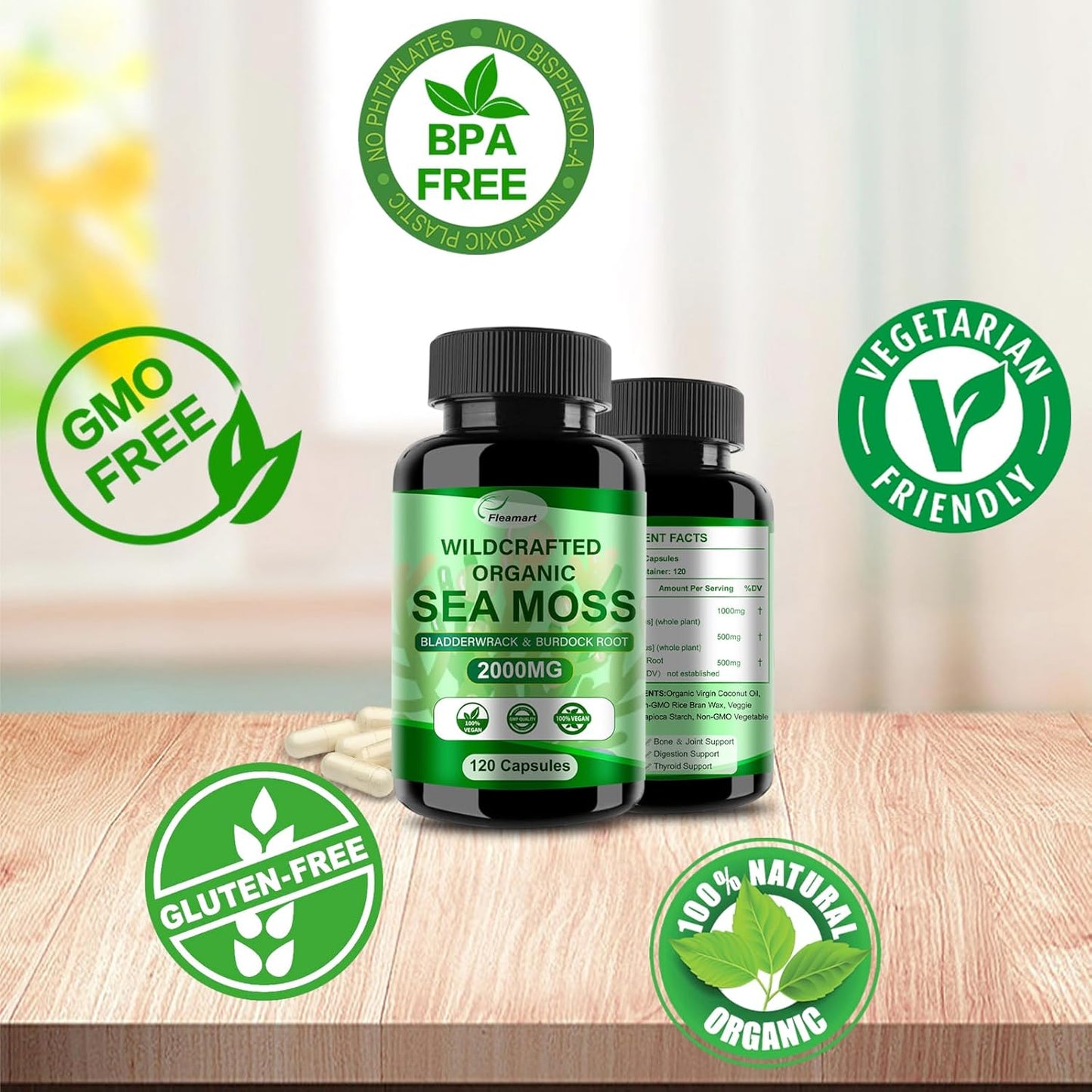 Organic Irish Sea Moss Capsules 2 Pack - 120ct Superfood Blend with Bladderwrack, Burdock Root for Immune & Digestive Health