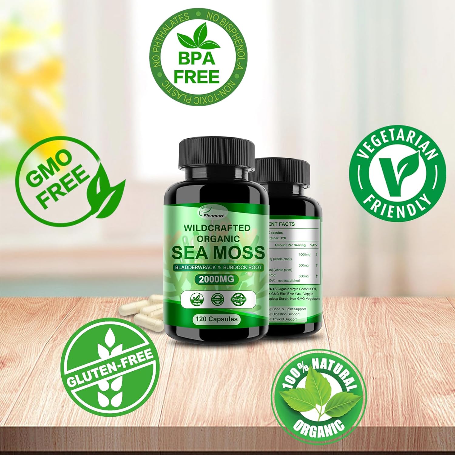 Organic Irish Sea Moss Capsules 2 Pack - 120ct Superfood Blend with Bladderwrack, Burdock Root for Immune & Digestive Health