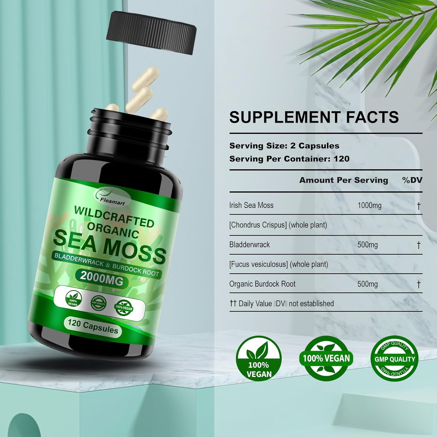 Organic Irish Sea Moss Capsules 2 Pack - 120ct Superfood Blend with Bladderwrack, Burdock Root for Immune & Digestive Health