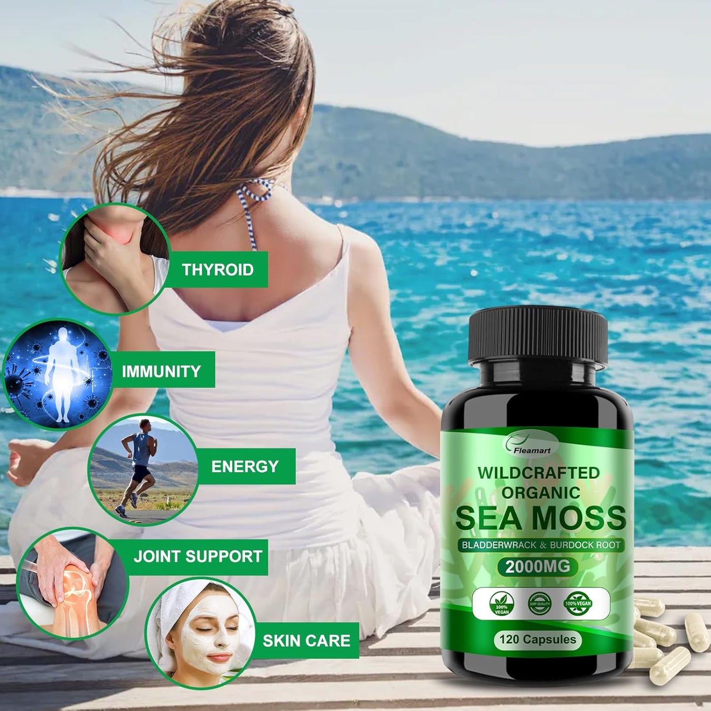 Organic Irish Sea Moss Capsules 2 Pack - 120ct Superfood Blend with Bladderwrack, Burdock Root for Immune & Digestive Health