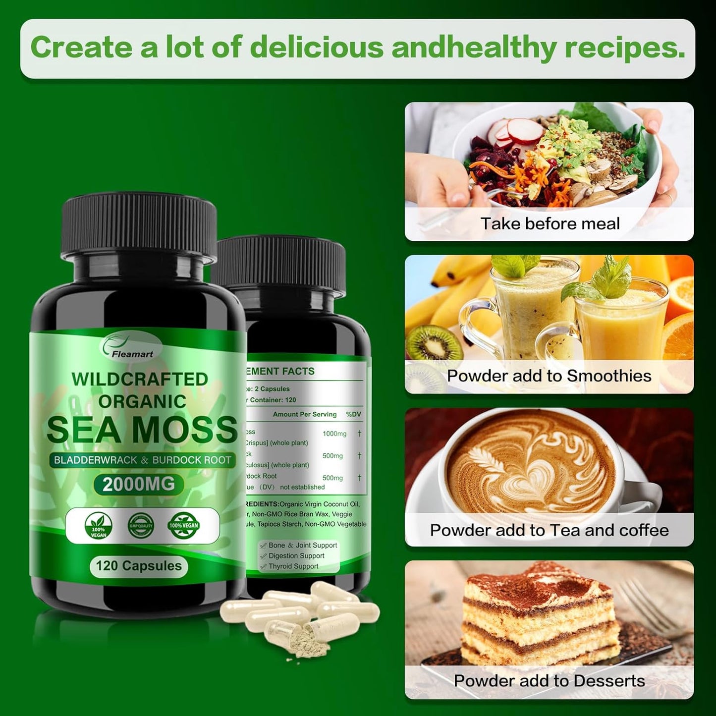 Organic Irish Sea Moss Capsules 2 Pack - 120ct Superfood Blend with Bladderwrack, Burdock Root for Immune & Digestive Health