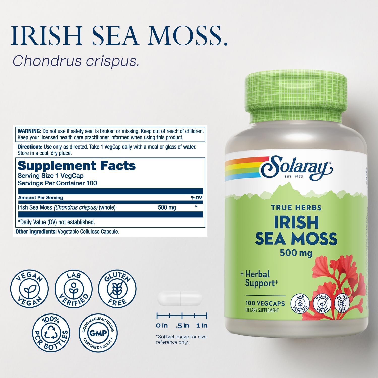 Organic Irish Sea Moss Capsules 500mg for Gut Health - Vegan, Gluten Free, Lab Verified - 100 Servings