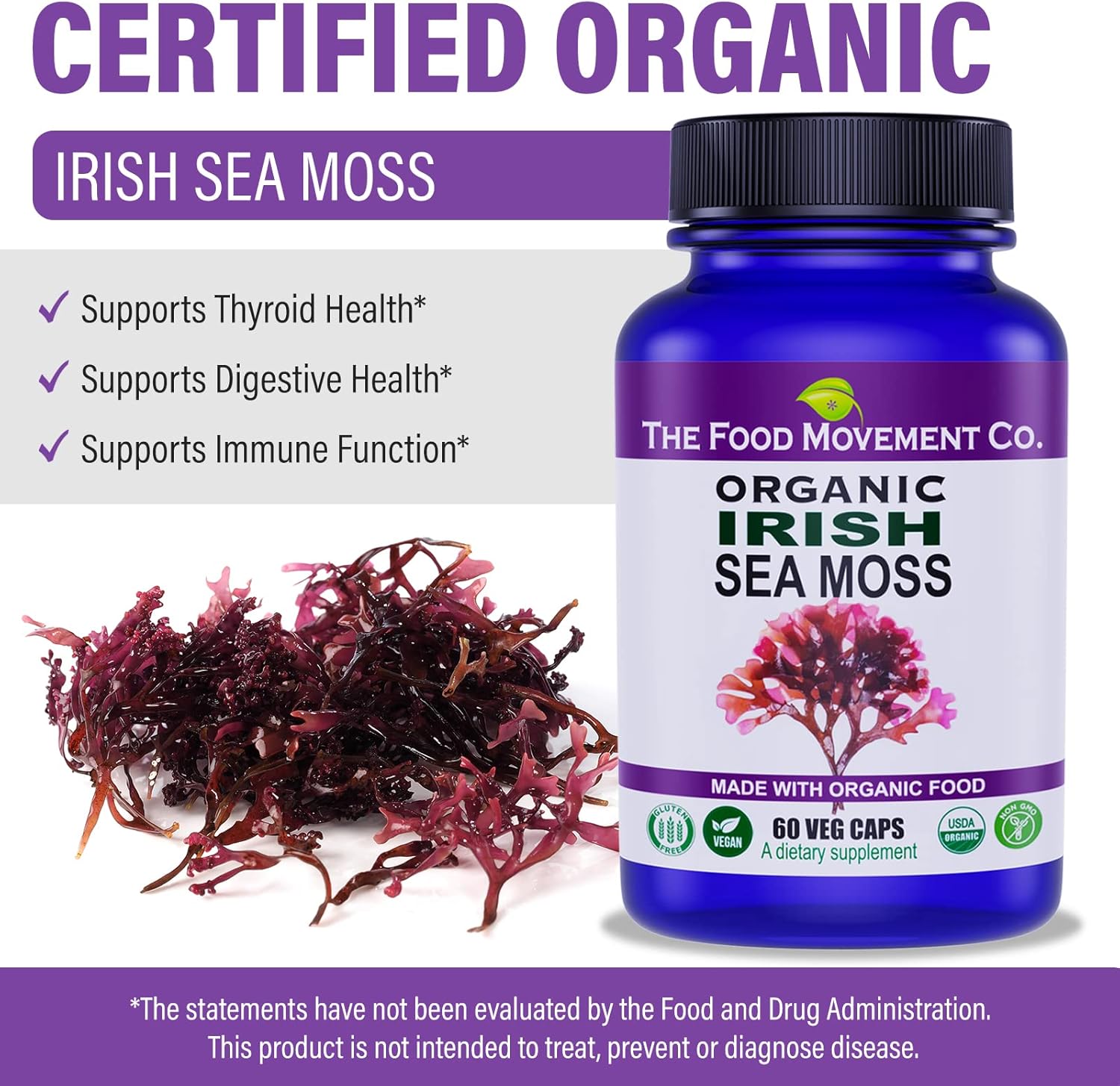 Organic Irish Sea Moss Capsules for Digestion & Immune Support - 60 Count