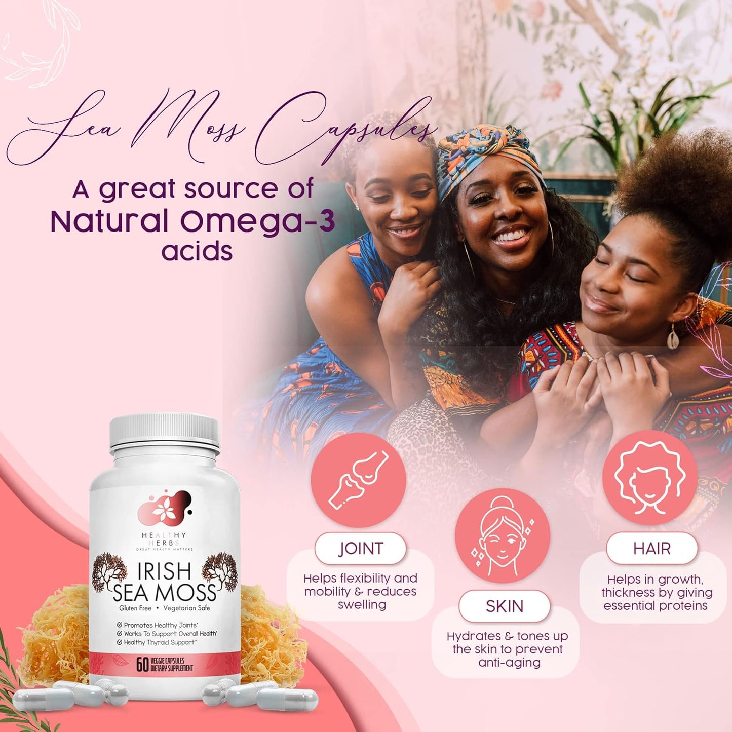 Organic Irish Sea Moss Capsules | Vegan, Non-GMO Seamoss Pills | Natural Source of Essential Vitamins & Minerals | Easy-to-Swallow Superfood Supplement (60 Capsules)