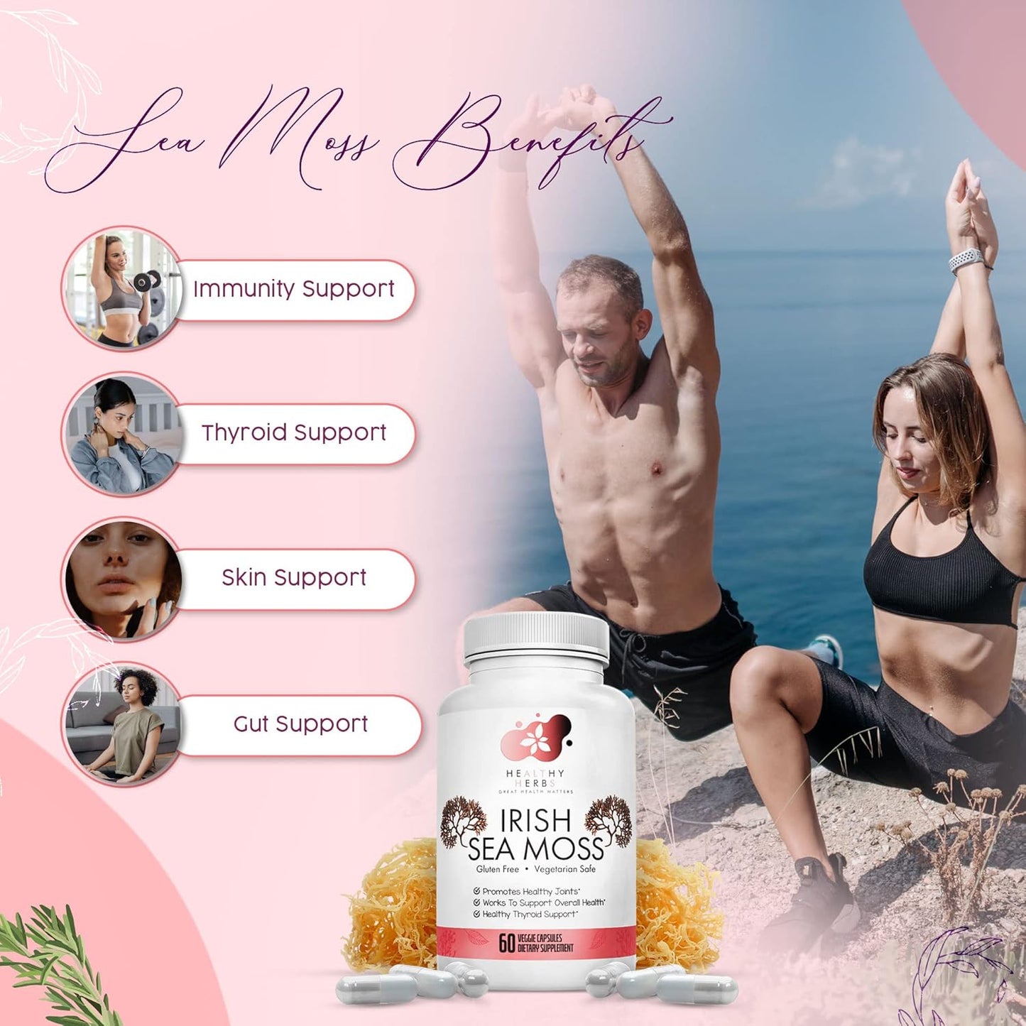 Organic Irish Sea Moss Capsules | Vegan, Non-GMO Seamoss Pills | Natural Source of Essential Vitamins & Minerals | Easy-to-Swallow Superfood Supplement (60 Capsules)