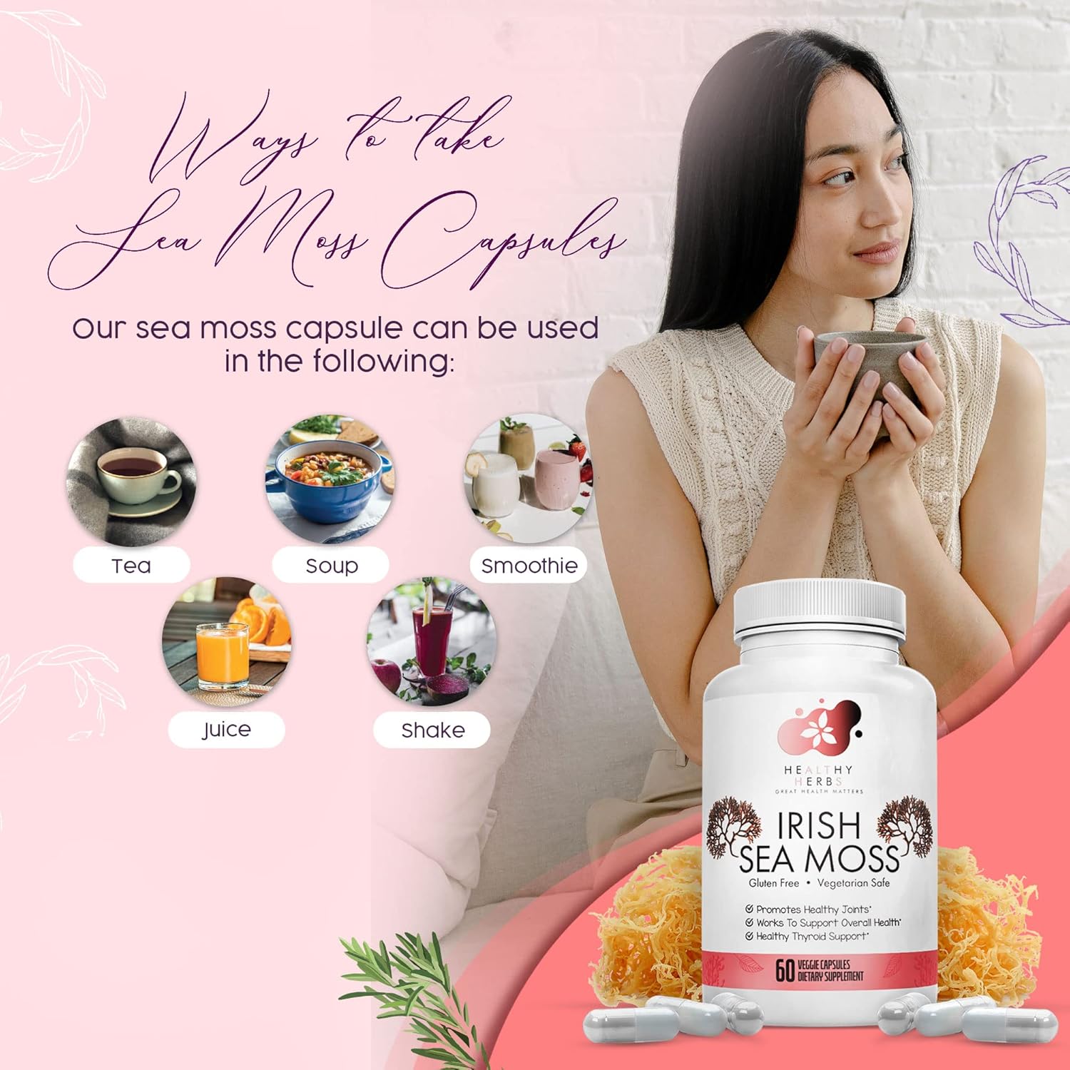 Organic Irish Sea Moss Capsules | Vegan, Non-GMO Seamoss Pills | Natural Source of Essential Vitamins & Minerals | Easy-to-Swallow Superfood Supplement (60 Capsules)