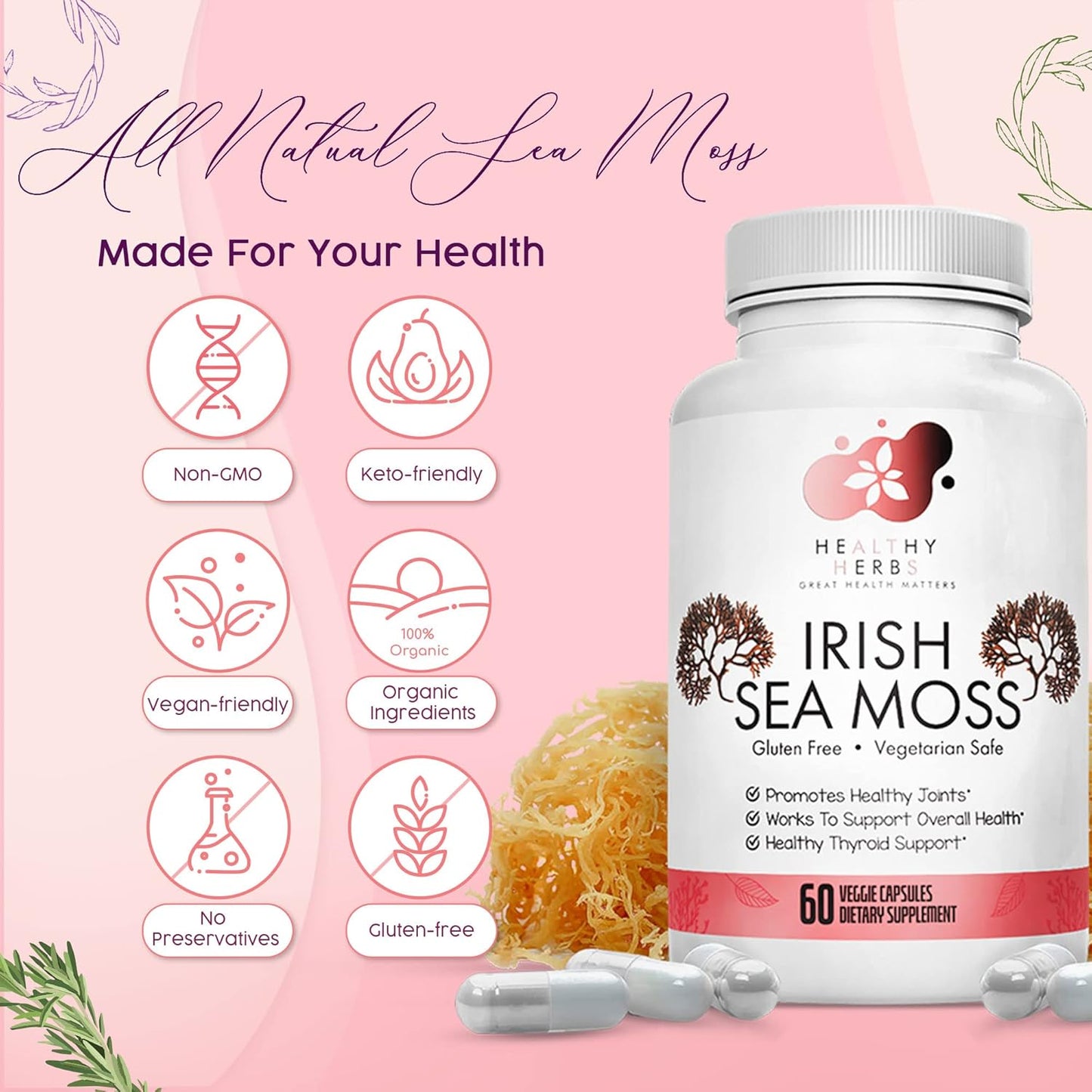 Organic Irish Sea Moss Capsules | Vegan, Non-GMO Seamoss Pills | Natural Source of Essential Vitamins & Minerals | Easy-to-Swallow Superfood Supplement (60 Capsules)