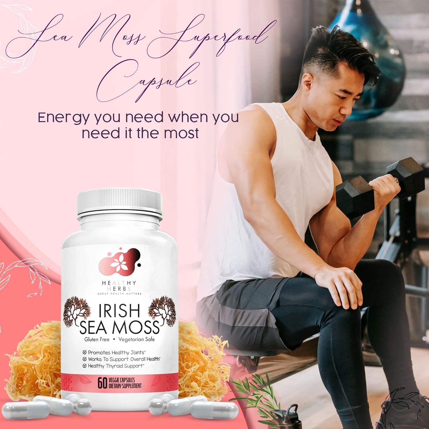 Organic Irish Sea Moss Capsules | Vegan, Non-GMO Seamoss Pills | Natural Source of Essential Vitamins & Minerals | Easy-to-Swallow Superfood Supplement (60 Capsules)