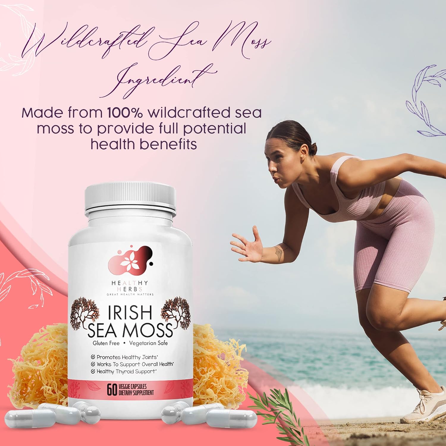 Organic Irish Sea Moss Capsules | Vegan, Non-GMO Seamoss Pills | Natural Source of Essential Vitamins & Minerals | Easy-to-Swallow Superfood Supplement (60 Capsules)