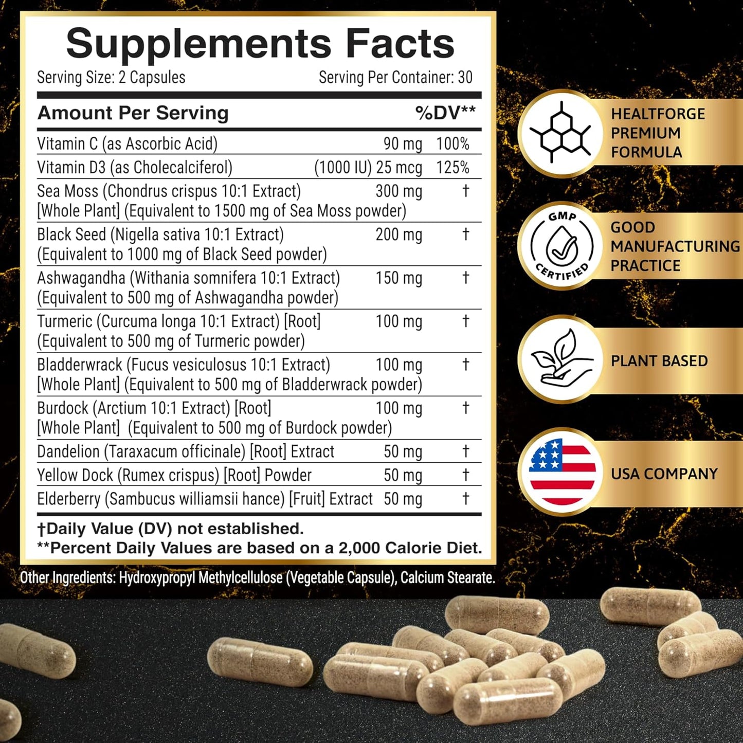 Organic Irish Sea Moss Capsules with Black Seed Oil, Ashwagandha, Turmeric, Bladderwrack, Burdock, Vitamin C & D3 - 1000-3000mg