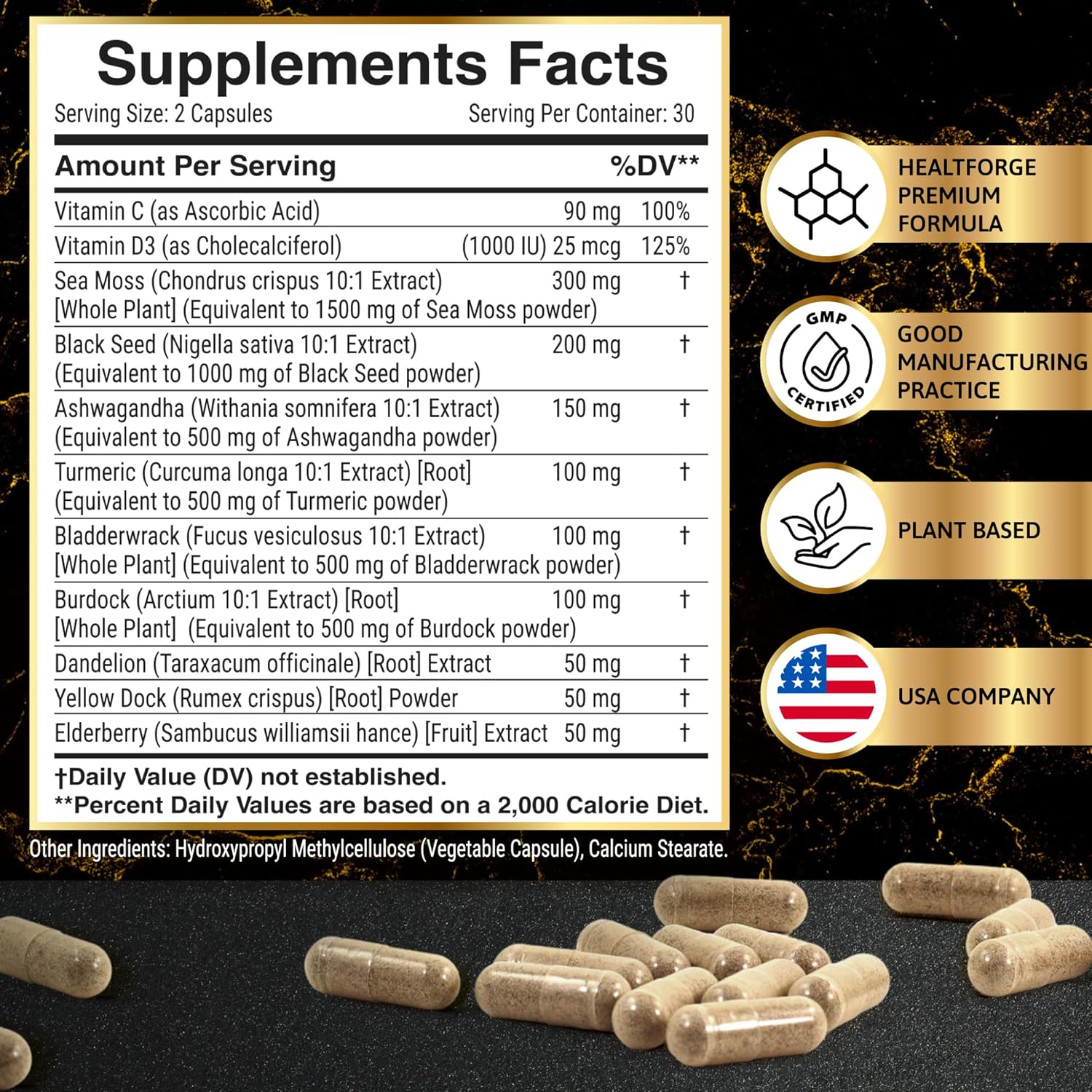 Organic Irish Sea Moss Capsules with Black Seed Oil, Ashwagandha, Turmeric, Bladderwrack, Burdock, Vitamin C & D3 - 1000-3000mg