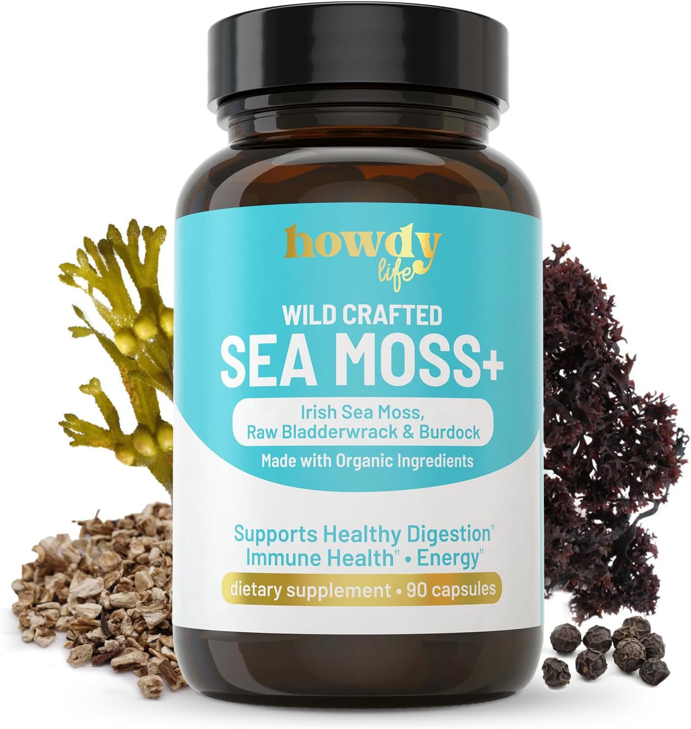 Organic Irish Sea Moss Capsules with Bladderwrack and Burdock Root for Digestion, Immune Health, Energy Boost
