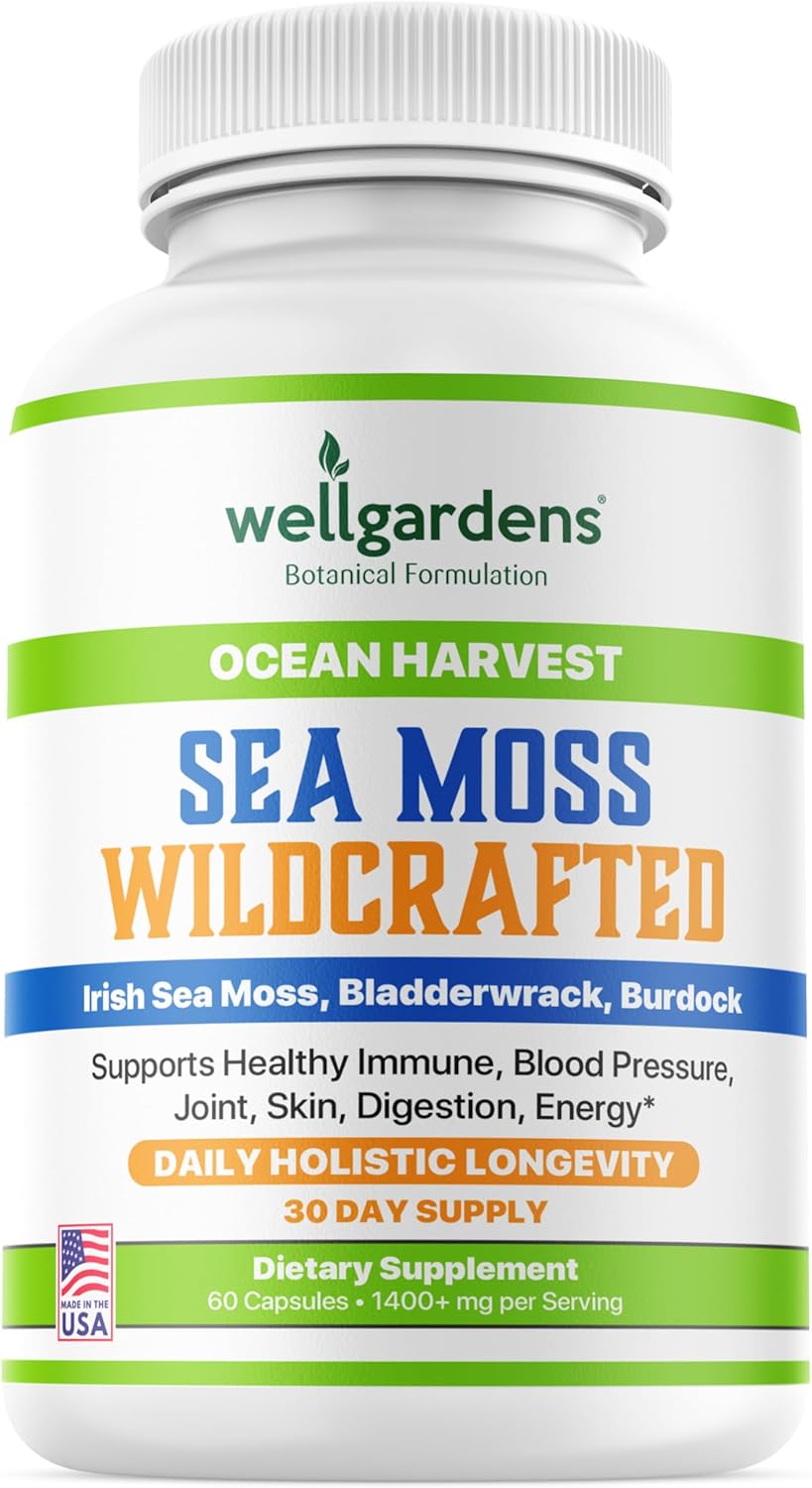 Organic Irish Sea Moss Capsules with Bladderwrack and Burdock Root for Immune Support, Blood Pressure, Joints, Skin, Digestion, Energy - 60 Count