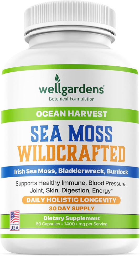 Organic Irish Sea Moss Capsules with Bladderwrack and Burdock Root for Immune Support, Blood Pressure, Joints, Skin, Digestion, Energy - 60 Count