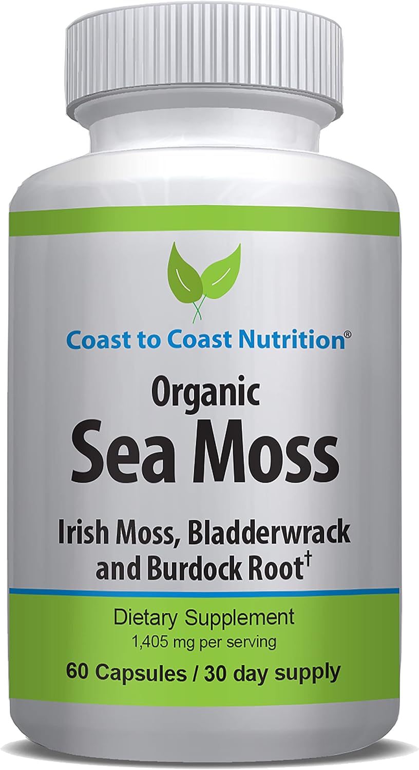 Organic Irish Sea Moss Capsules with Bladderwrack, Burdock Root & BioPerine - Nutrient-Rich Superfood Supplement for Extra Absorption - 1,405 mg, 60 Vegan Capsules