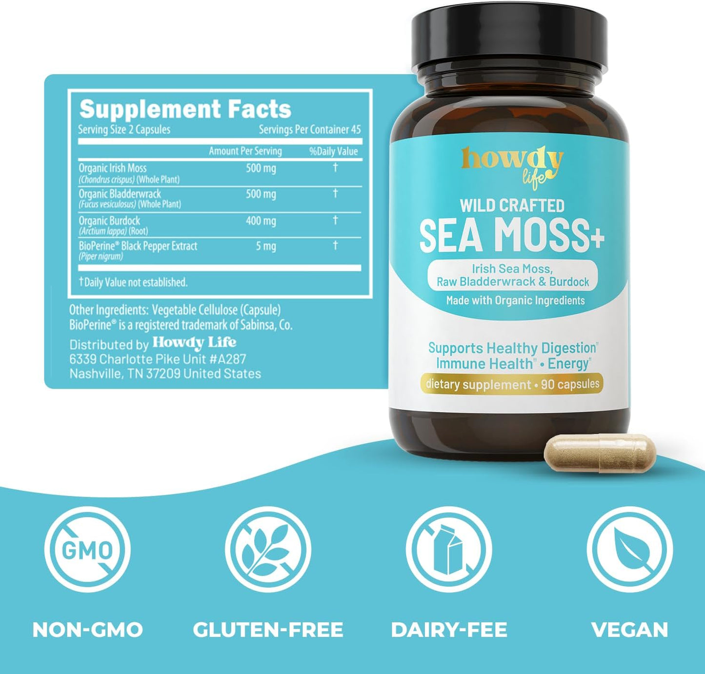 Organic Irish Sea Moss Capsules with Bladderwrack and Burdock Root for Digestion, Immune Health, Energy Boost