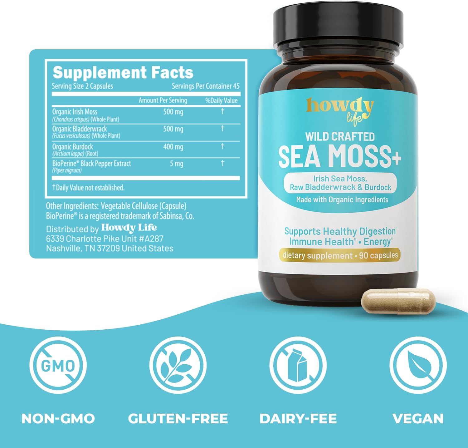 Organic Irish Sea Moss Capsules with Bladderwrack and Burdock Root for Digestion, Immune Health, Energy Boost