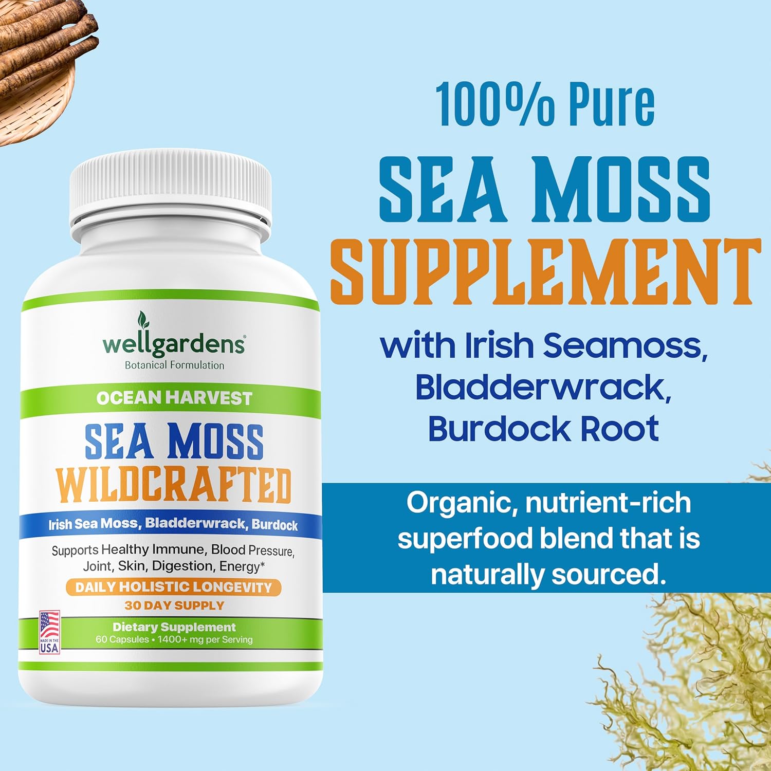 Organic Irish Sea Moss Capsules with Bladderwrack and Burdock Root for Immune Support, Blood Pressure, Joints, Skin, Digestion, Energy - 60 Count