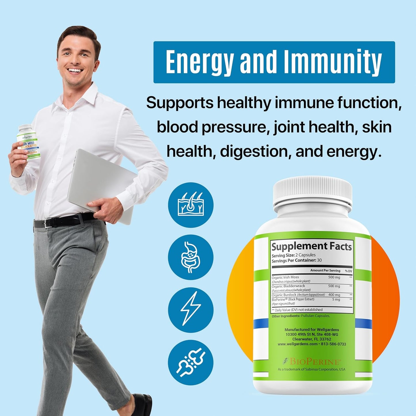 Organic Irish Sea Moss Capsules with Bladderwrack and Burdock Root for Immune Support, Blood Pressure, Joints, Skin, Digestion, Energy - 60 Count