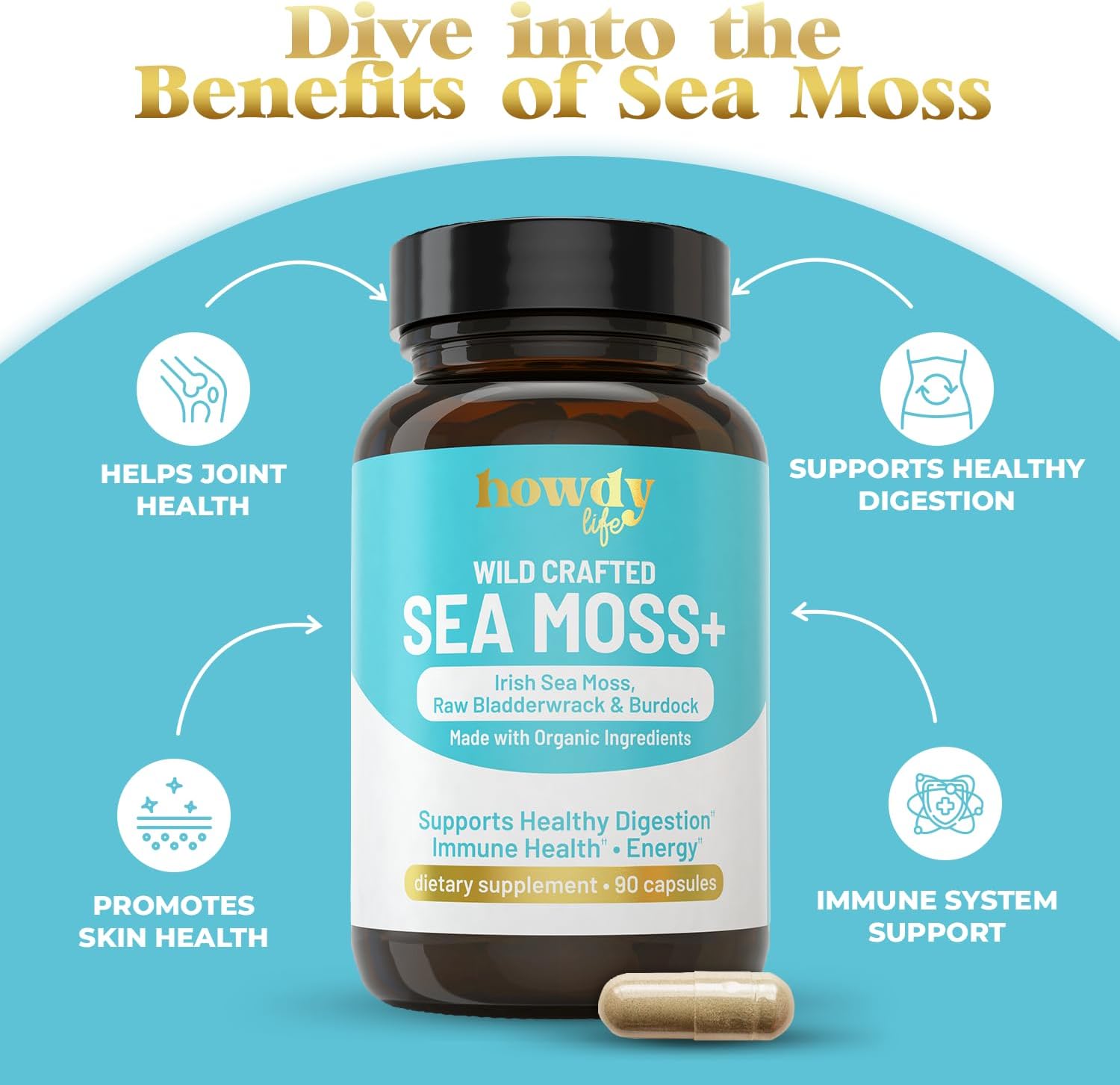 Organic Irish Sea Moss Capsules with Bladderwrack and Burdock Root for Digestion, Immune Health, Energy Boost