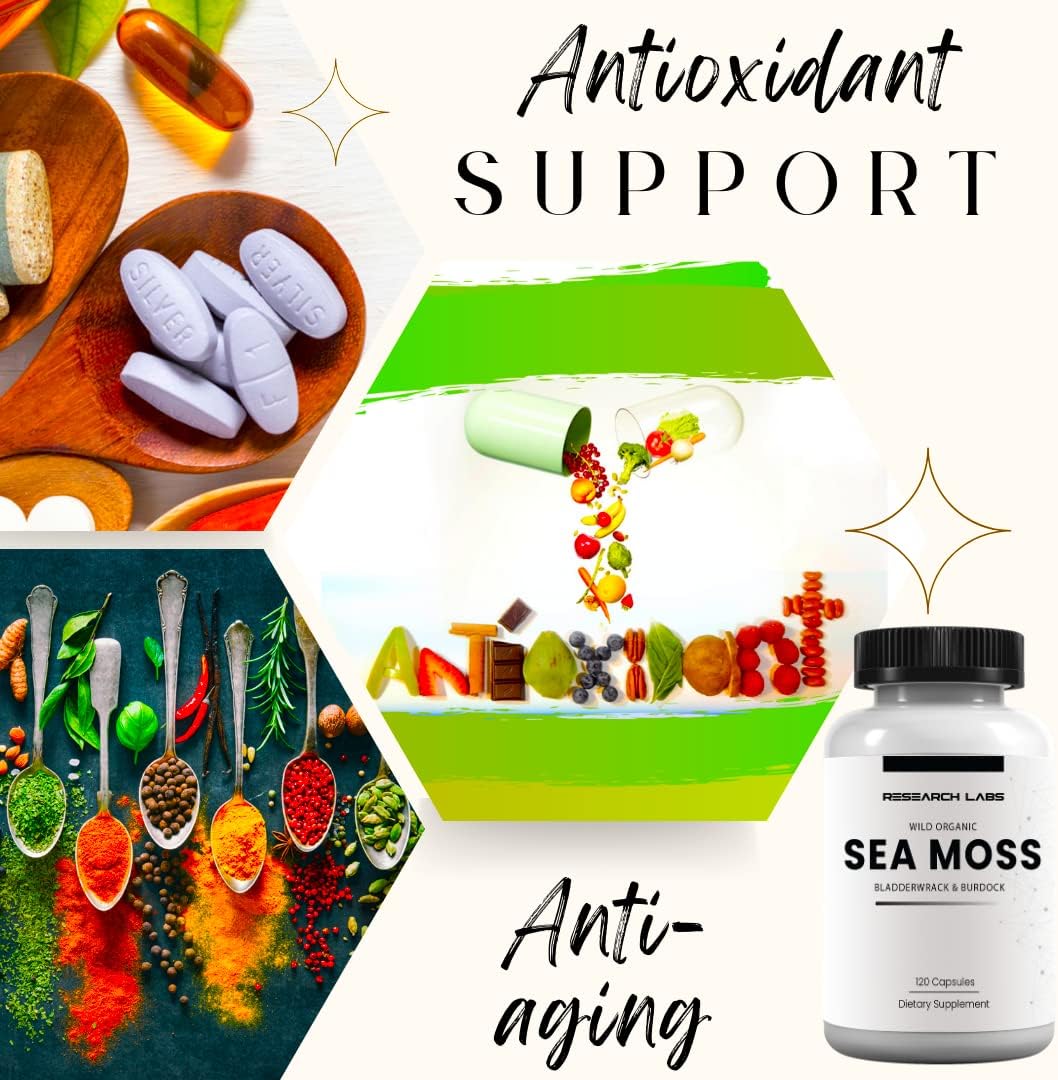 Organic Irish Sea Moss Capsules with Bladderwrack & Burdock Root for Thyroid Support - 120 Pills