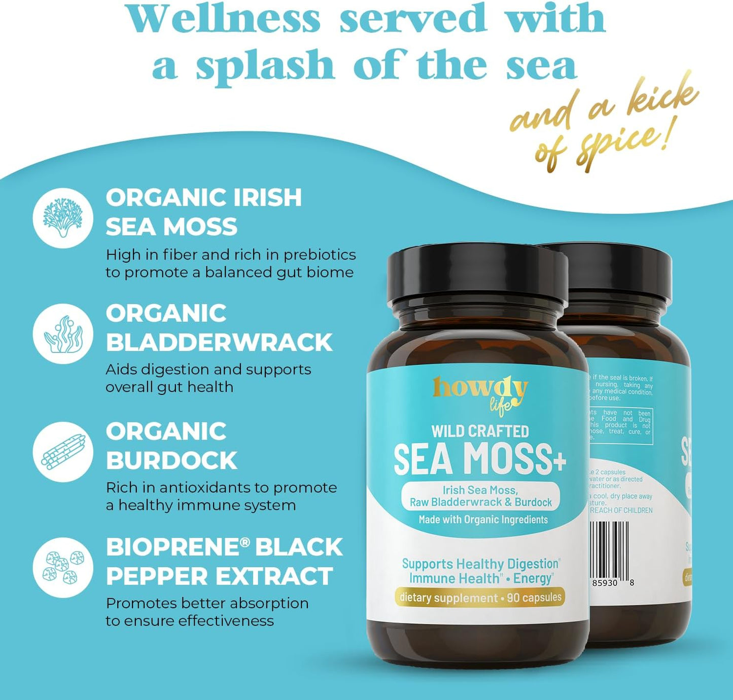 Organic Irish Sea Moss Capsules with Bladderwrack and Burdock Root for Digestion, Immune Health, Energy Boost