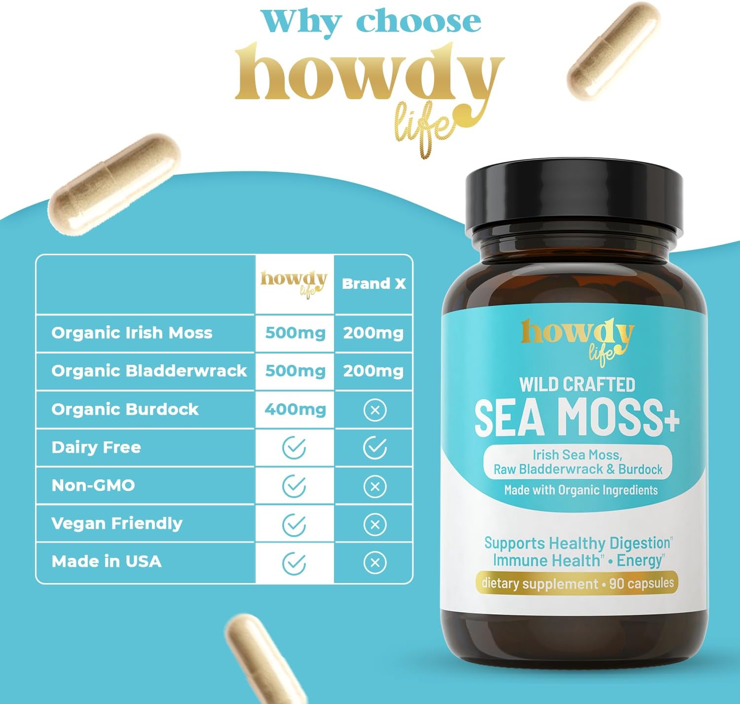 Organic Irish Sea Moss Capsules with Bladderwrack and Burdock Root for Digestion, Immune Health, Energy Boost