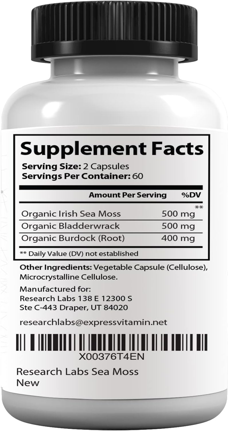 Organic Irish Sea Moss Capsules with Bladderwrack & Burdock Root for Thyroid Support - 120 Pills
