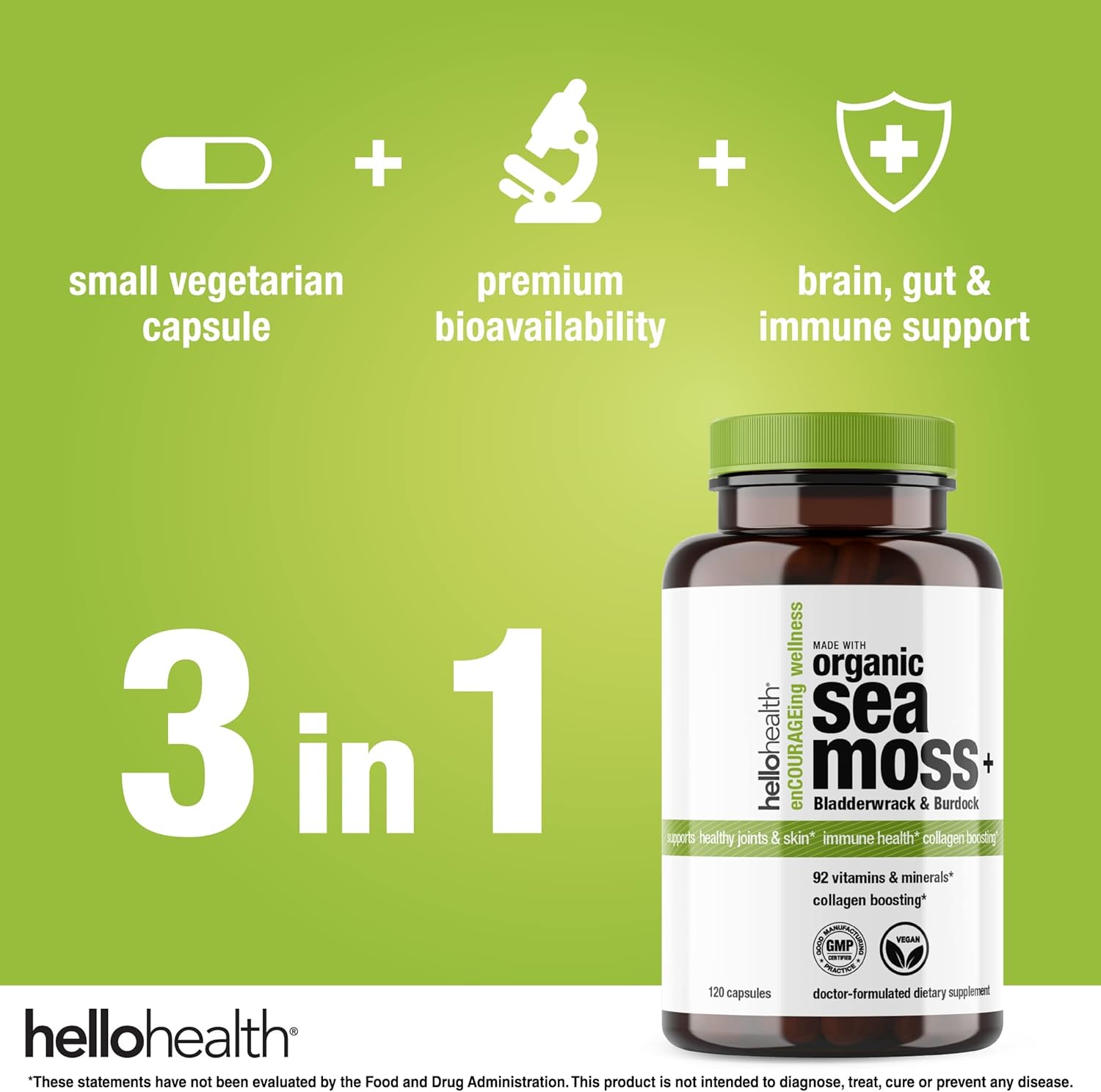 Organic Irish Sea Moss Capsules with Burdock Root & Bladderwrack for Immune Support - 120 Capsules