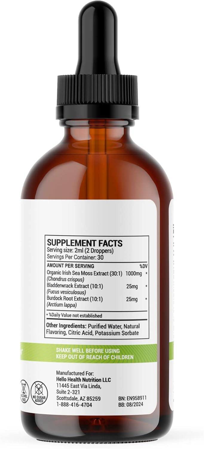Organic Irish Sea Moss Drops with Burdock Root & Bladderwrack 1000mg - Immune & Thyroid Support, Gut & Joint Health - 2oz