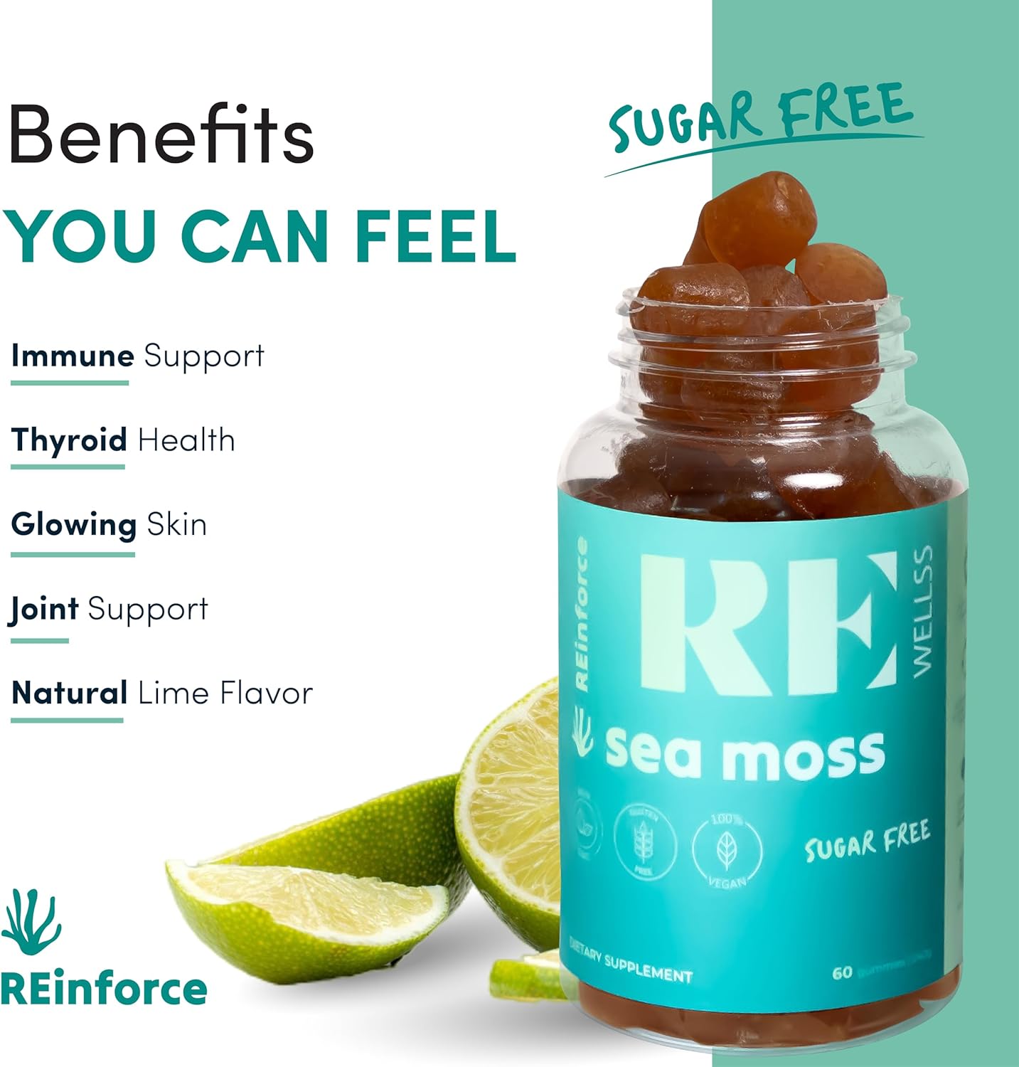 Organic Irish Sea Moss Gummies 3000mg with Bladderwrack & Burdock Root - Vegan, Gluten-Free, Sugar-Free Supplement for Skin, Joints, Thyroid & Immune Support - Natural Lime Flavor - 60 Gummies