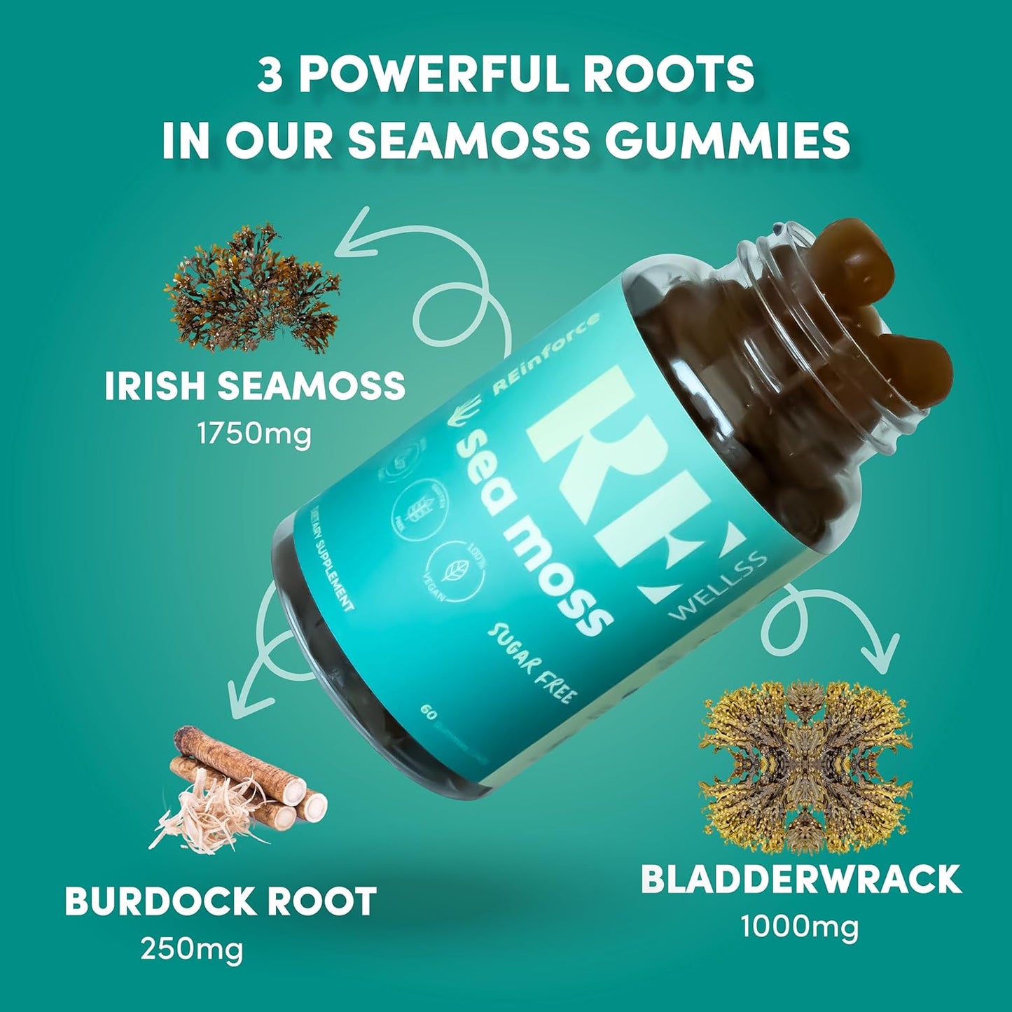 Organic Irish Sea Moss Gummies 3000mg with Bladderwrack & Burdock Root - Vegan, Gluten-Free, Sugar-Free Supplement for Skin, Joints, Thyroid & Immune Support - Natural Lime Flavor - 60 Gummies