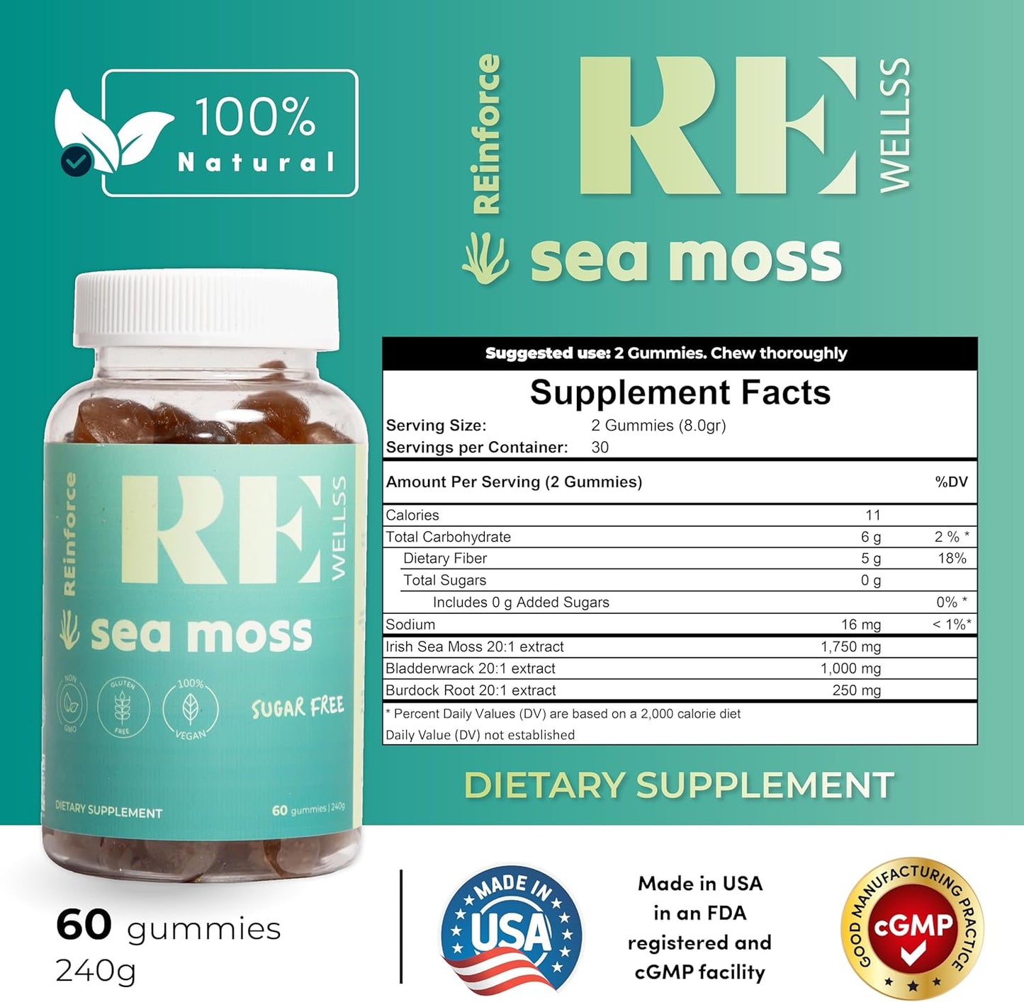 Organic Irish Sea Moss Gummies 3000mg with Bladderwrack & Burdock Root - Vegan, Gluten-Free, Sugar-Free Supplement for Skin, Joints, Thyroid & Immune Support - Natural Lime Flavor - 60 Gummies