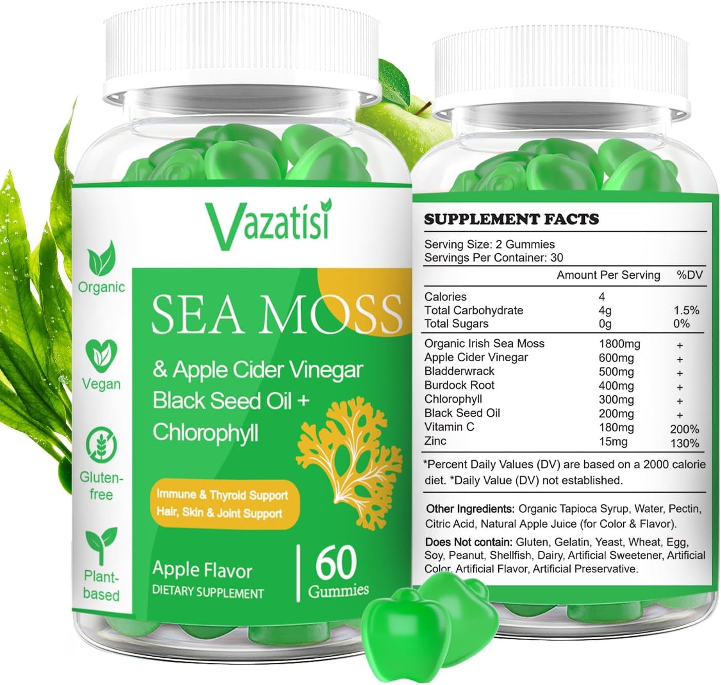 Organic Irish Sea Moss Gummies with Black Seed Oil & Chlorophyll - Thyroid, Digestion, Mood, Energy & Immune Support - 2 Pack, 120 Vegan Gummies - Adults, Kids, Women, Men