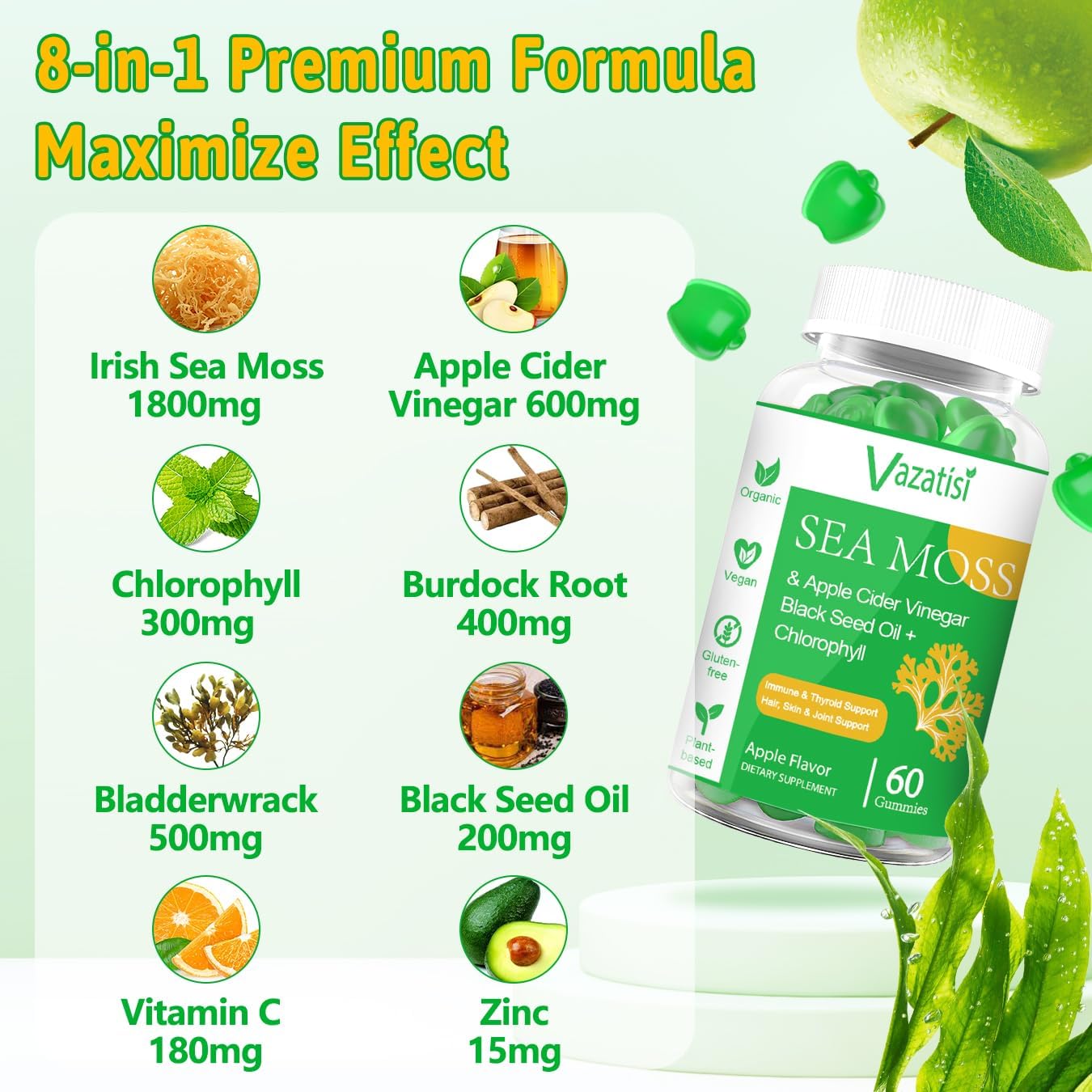 Organic Irish Sea Moss Gummies with Black Seed Oil & Chlorophyll - Thyroid, Digestion, Mood, Energy & Immune Support - 2 Pack, 120 Vegan Gummies - Adults, Kids, Women, Men