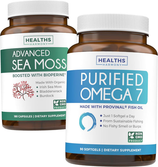 Organic Irish Sea Moss & Omega 7 Supplement Bundle - 3-Month Supply - Vegan Capsules - Sustainable Fish Oil - 180 Sea Moss Caps & 90 Omega 7 Capsules