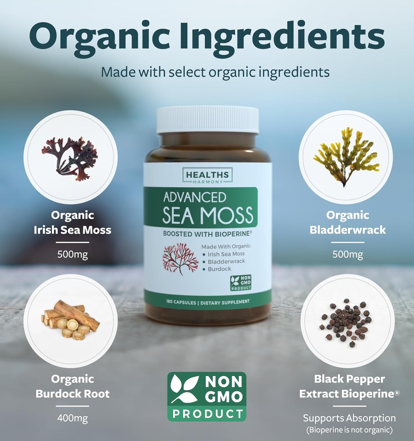 Organic Irish Sea Moss & Omega 7 Supplement Bundle - 3-Month Supply - Vegan Capsules - Sustainable Fish Oil - 180 Sea Moss Caps & 90 Omega 7 Capsules