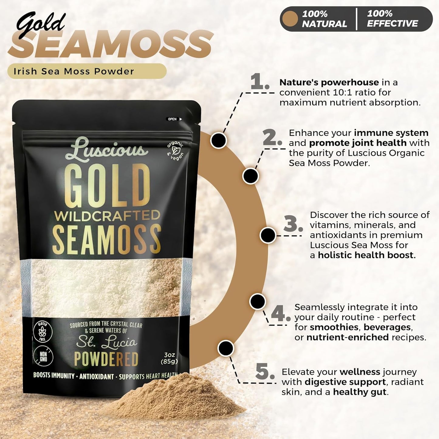 Organic Irish Sea Moss Powder Gold 3 Oz - Premium St. Lucia Sea Moss for Gut Health & Immune Support - Vegan & Gluten-Free Superfood Powder by Luscious Spice Emporium