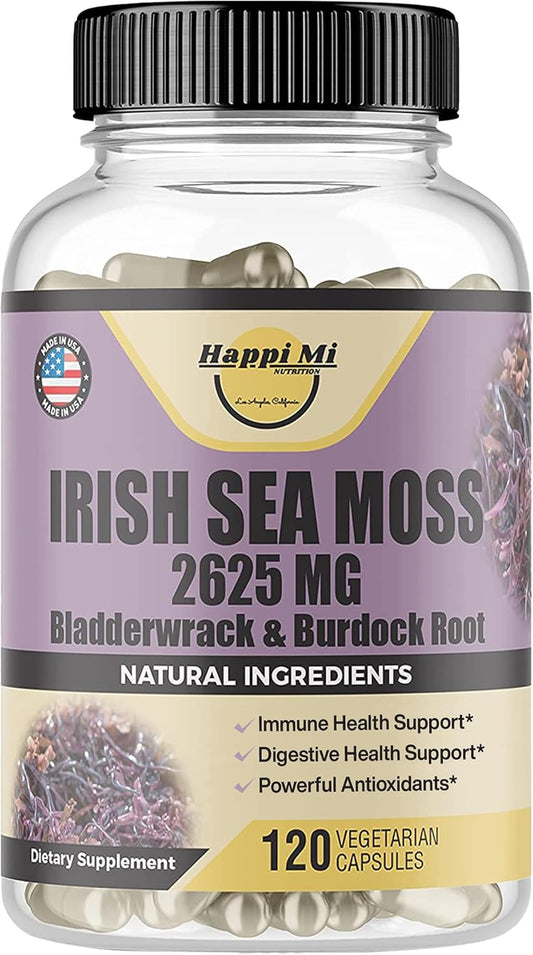 Organic Irish Seamoss Capsules with Bladderwrack & Burdock Root - 2625mg per Serving for Digestive & Immune Health
