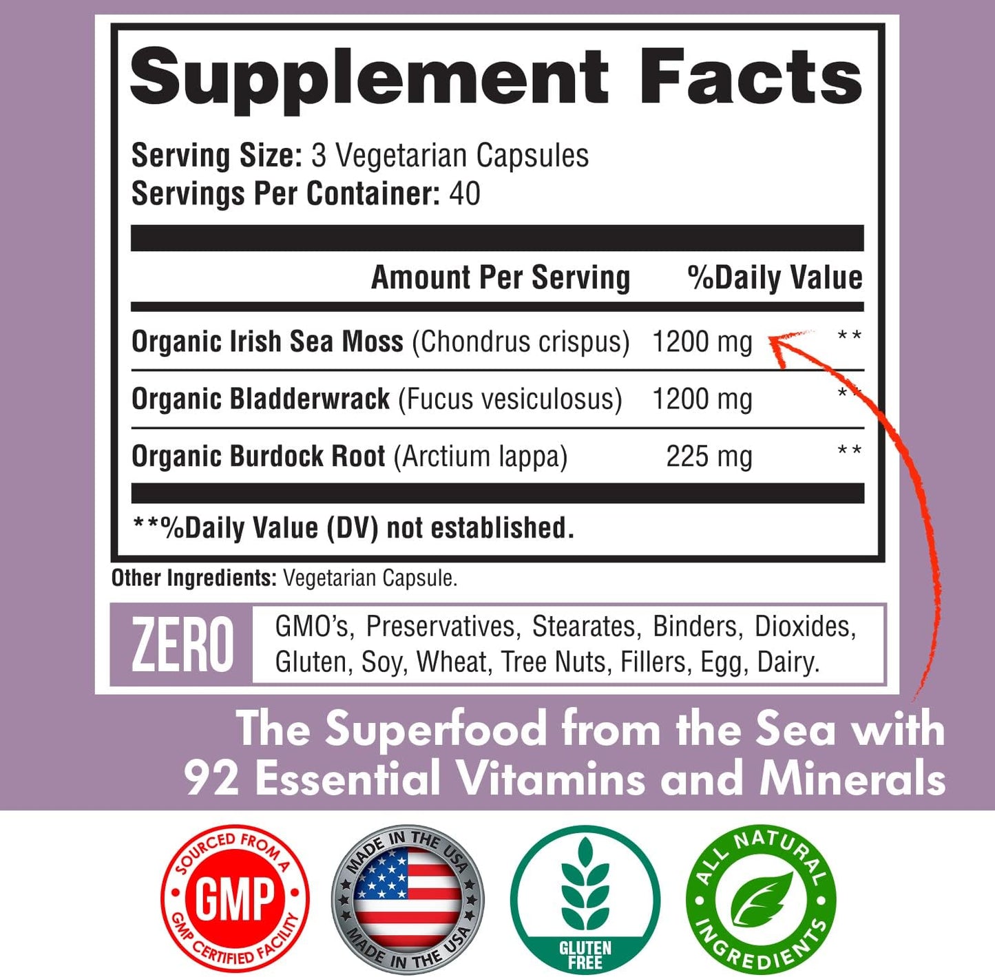 Organic Irish Seamoss Capsules with Bladderwrack & Burdock Root - 2625mg per Serving for Digestive & Immune Health