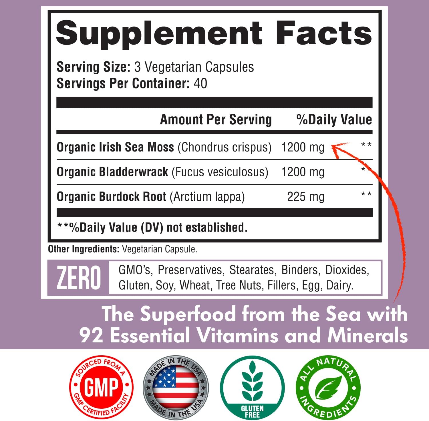 Organic Irish Seamoss Capsules with Bladderwrack & Burdock Root - 2625mg per Serving for Digestive & Immune Health