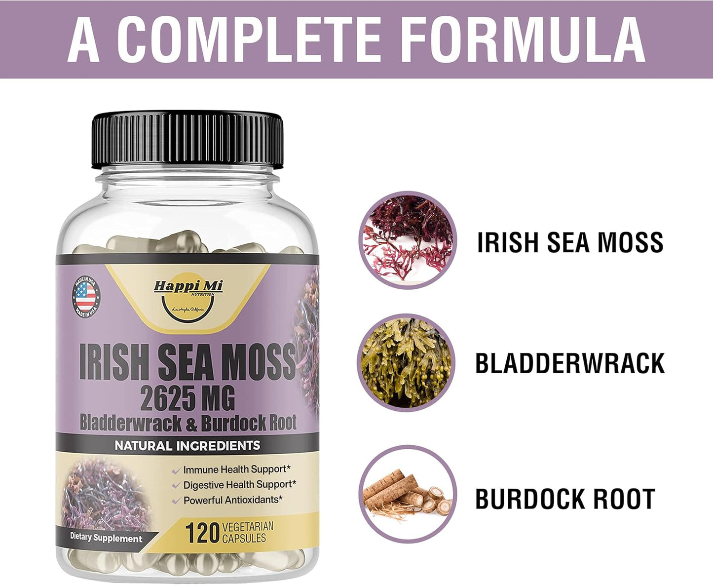 Organic Irish Seamoss Capsules with Bladderwrack & Burdock Root - 2625mg per Serving for Digestive & Immune Health