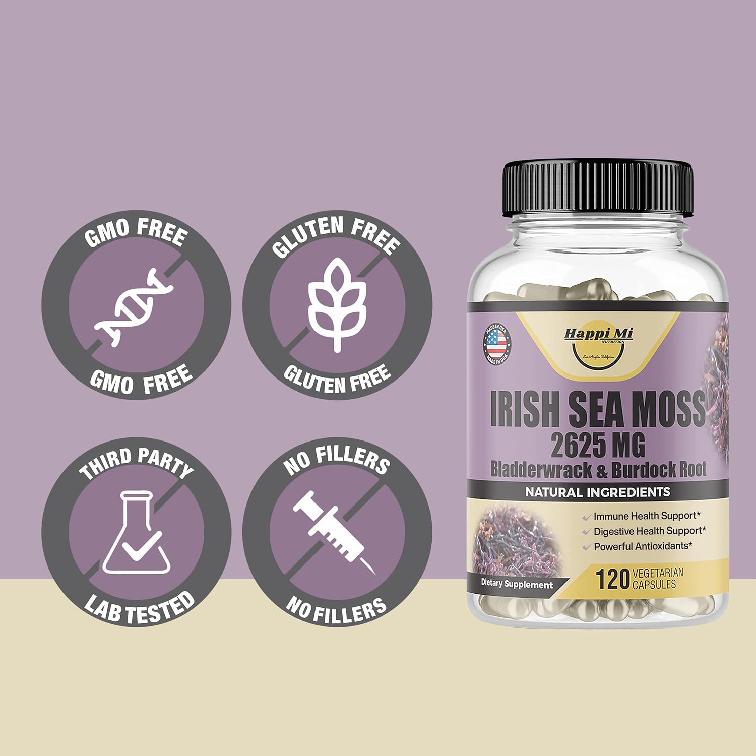 Organic Irish Seamoss Capsules with Bladderwrack & Burdock Root - 2625mg per Serving for Digestive & Immune Health