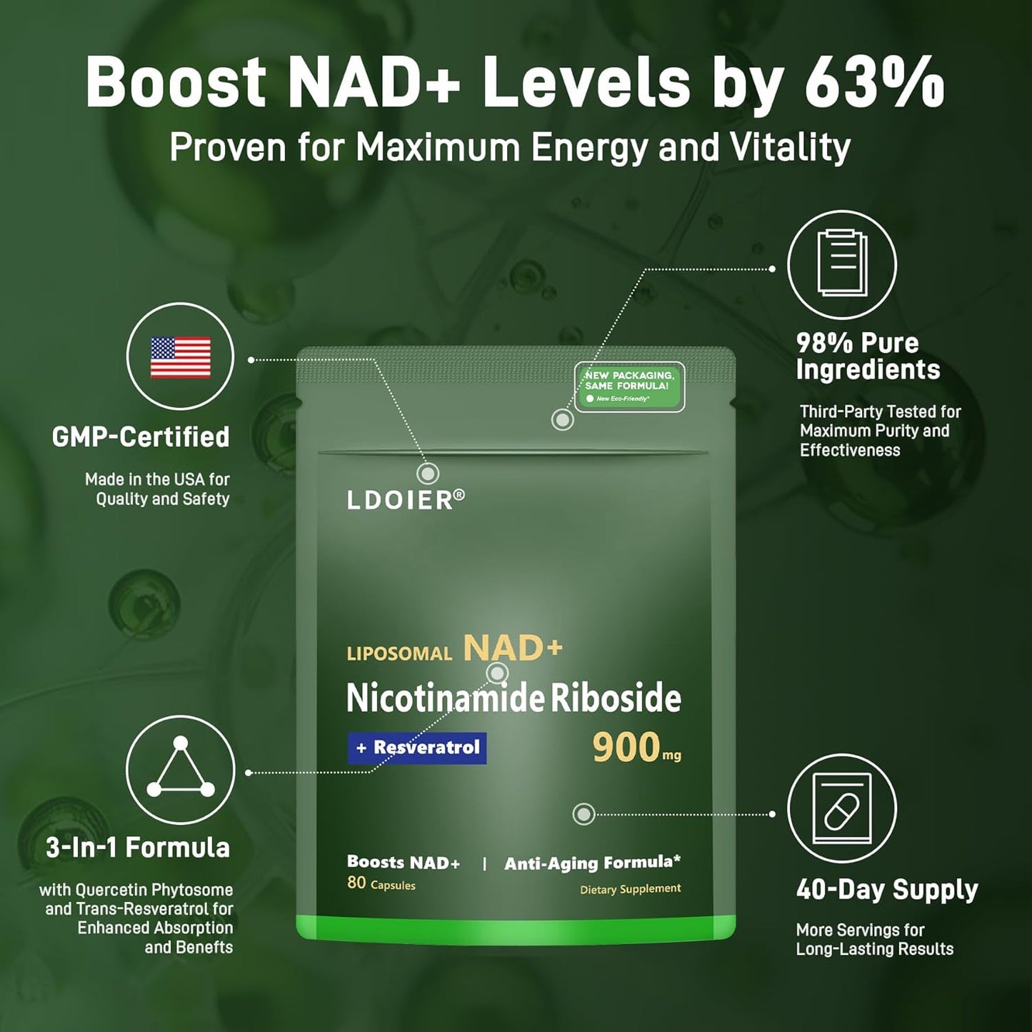 Organic IRMNAN NAD+ Supplement 900mg with Nicotinamide Riboside for Cellular Repair and Brain Health - 80 Capsules
