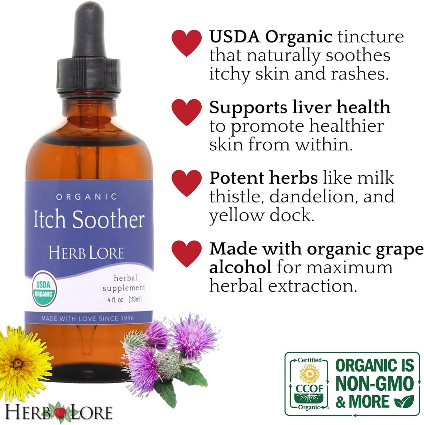 Organic Itch Soother Tincture for Itchy Pregnancy Skin & Rash - Liver Support Drops with Milk Thistle, Dandelion & Yellow Dock (4 fl oz)