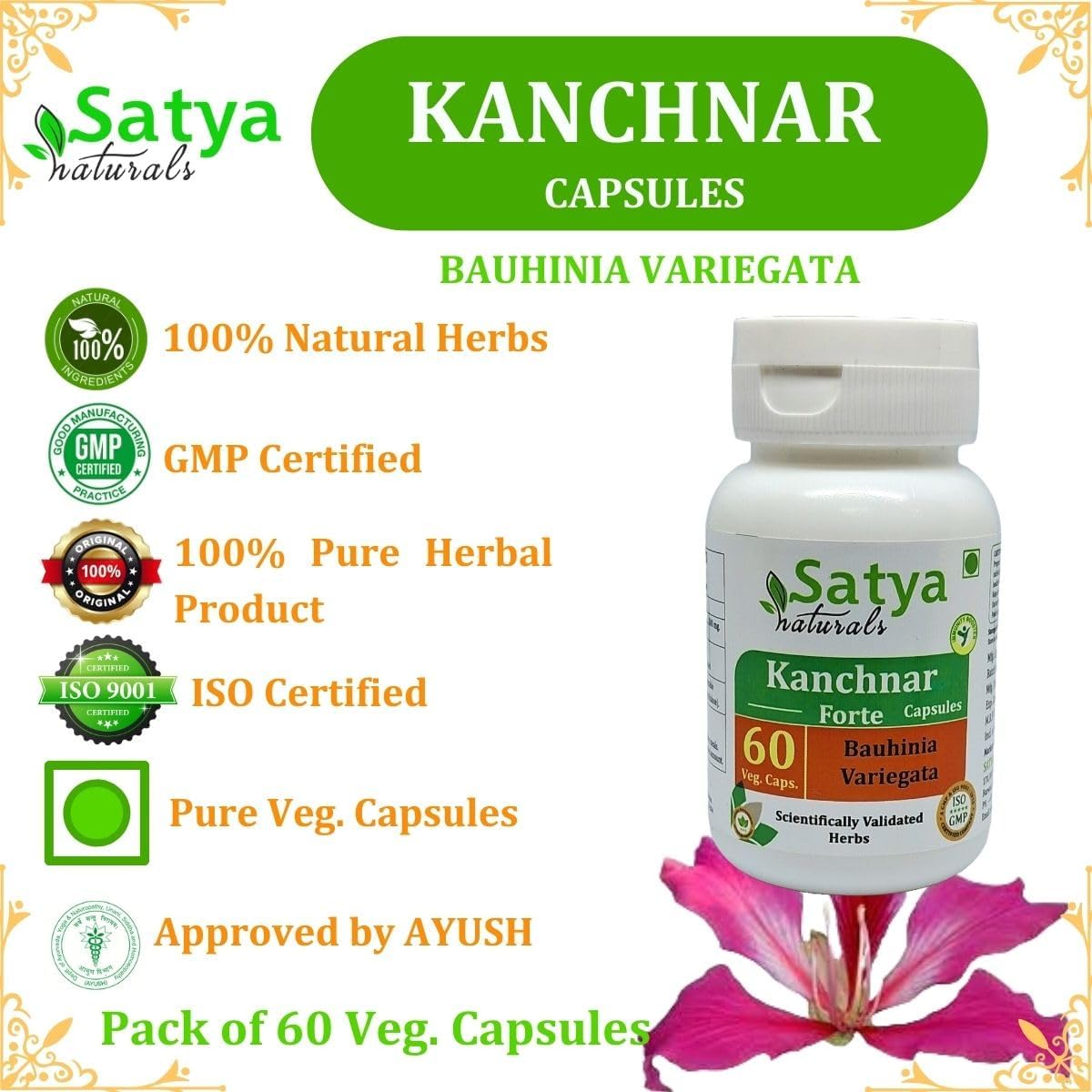 Organic Kanchnar Extract Capsules 500mg - 60 Veg Capsules | Ayurvedic Herbal Supplement for Men and Women | Satya Naturals Kanchnar Forte | 10:1 Concentrated Formula